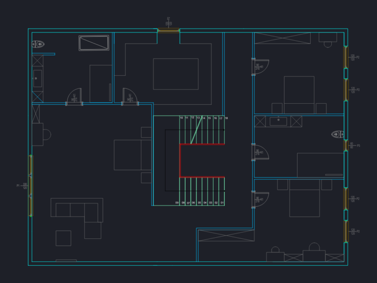 CAD floor plan of a multi-story house unit featuring a central 18-riser U-shaped staircase and furniture blocks.
