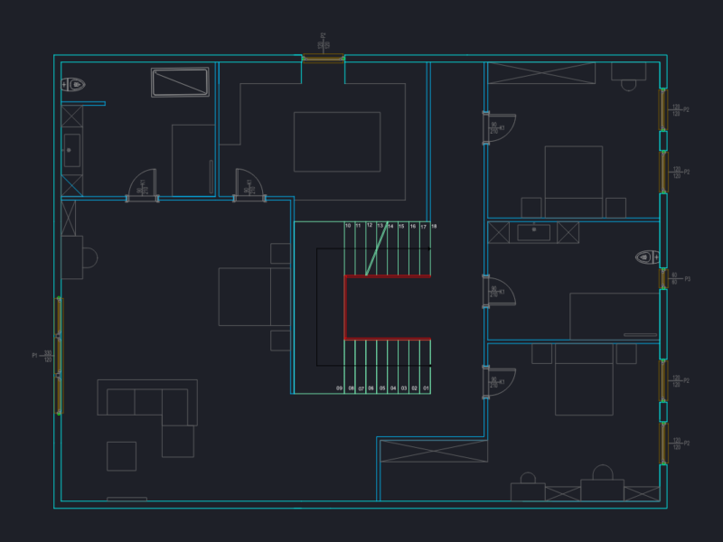 Multi-story residential unit floor plans with furniture and staircase details