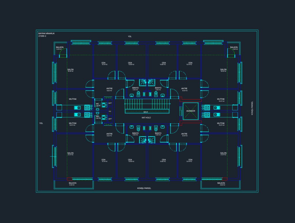 Architectural floor plan of a symmetrical four-unit apartment building with elevator, balconies, and living areas.