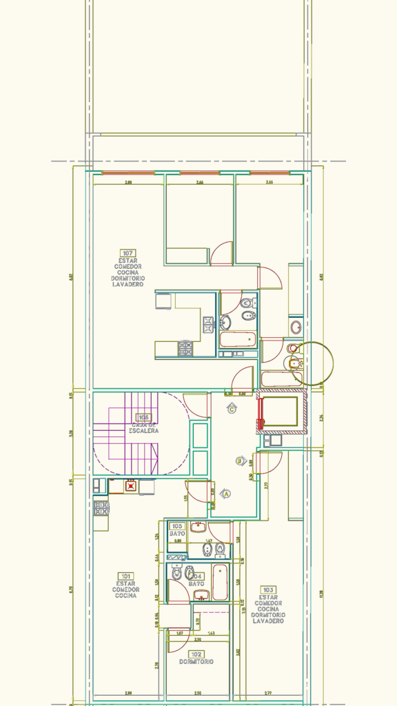 CAD architectural floor plan of multiple apartment units featuring central staircase, elevator, and dimensions.