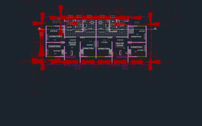 CAD floor plan of a two-unit social housing block showing symmetrical room layouts, dimensions, and area measurements.