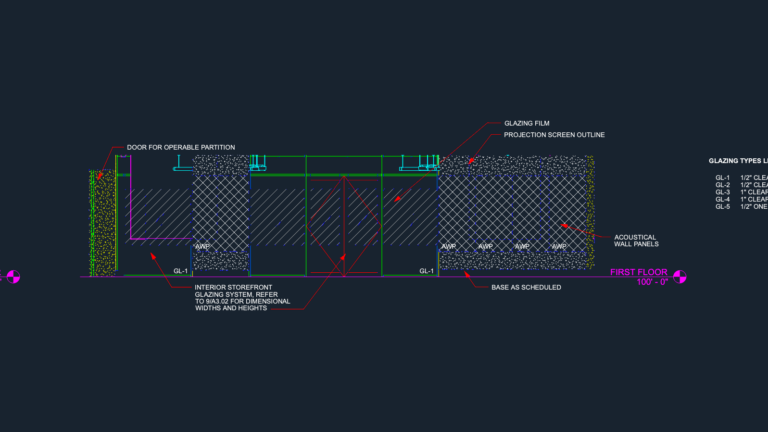CAD interior elevation of a multipurpose room showing acoustical wall panels, storefront glazing, and glazing legend.