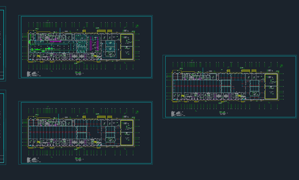 CAD floor plans of a cattle and sheep slaughterhouse showing production line and cold storage layout.