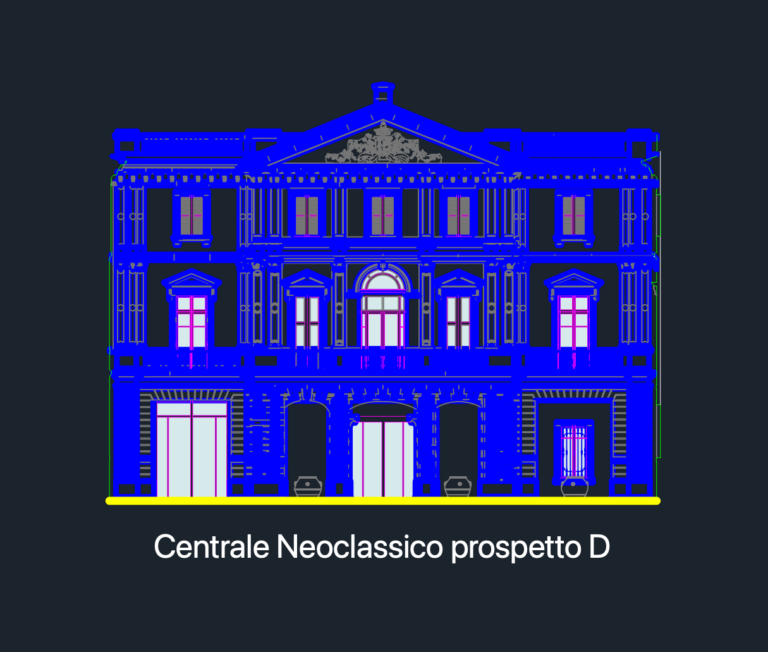 Neoclassical building front elevation CAD drawing with arched entries, window details, and a decorative central pediment.