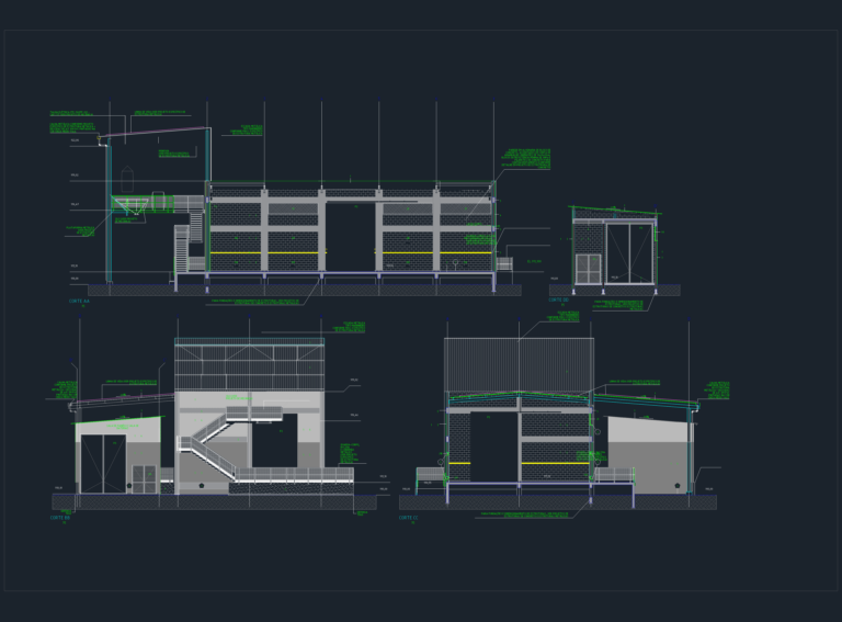 Architectural sections of a nitrate storage building showing masonry walls, steel structure, stairs, and monorail hoist.