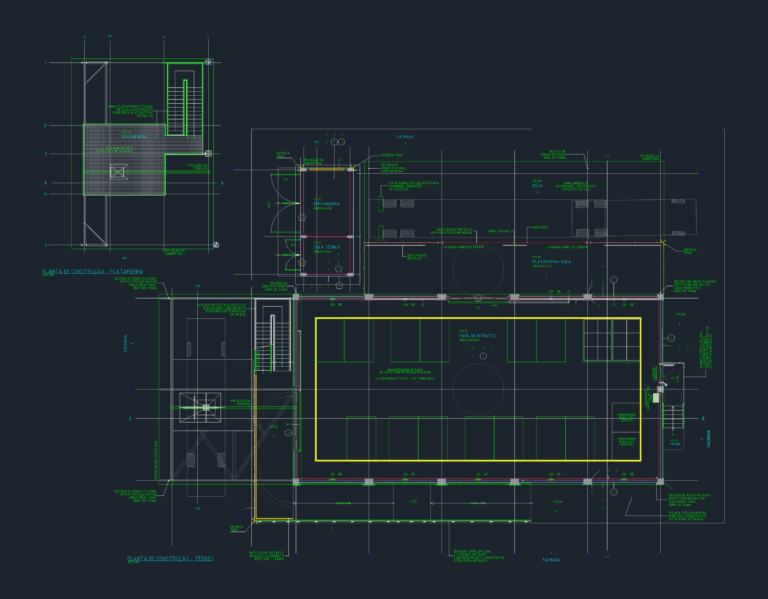 Architectural floor plans for a nitrate storage facility featuring a technical room, loading dock, and storage zones.