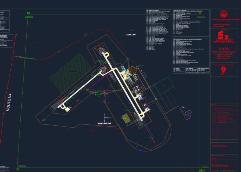 Master plan CAD drawing of Nouakchott International Airport including runway layout, taxiways, and terminals.
