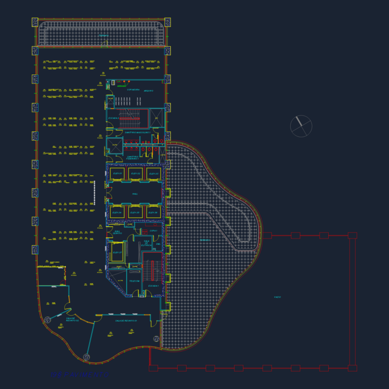 19th-floor office plan dwg showing central elevator lobby, meeting rooms, workstation zones, and large curved terrace.
