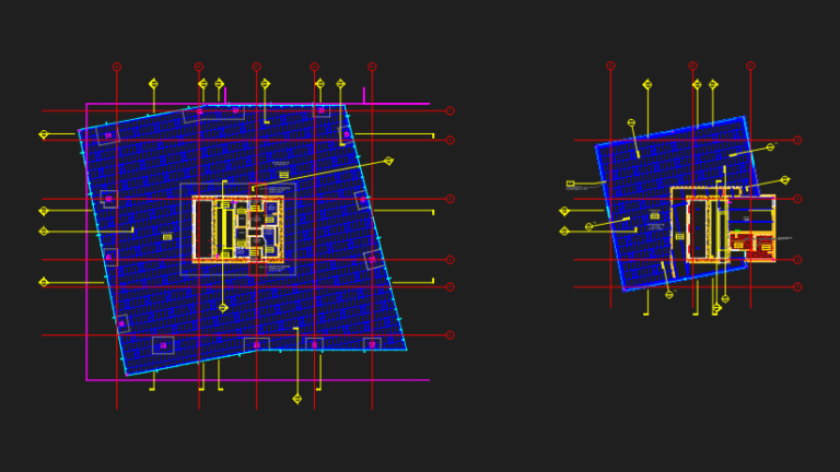 Reflected ceiling plan CAD drawing for an office tower showing ACT ceiling grids, core details, and MEP fixtures.