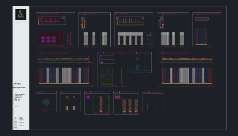 CAD technical drawings for office furniture showing plans, elevations, and sections of wall paneling and partitions.