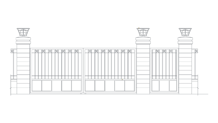 2D elevation drawing showing a wrought iron style security gate, side entrance, and masonry pillars with lanterns.