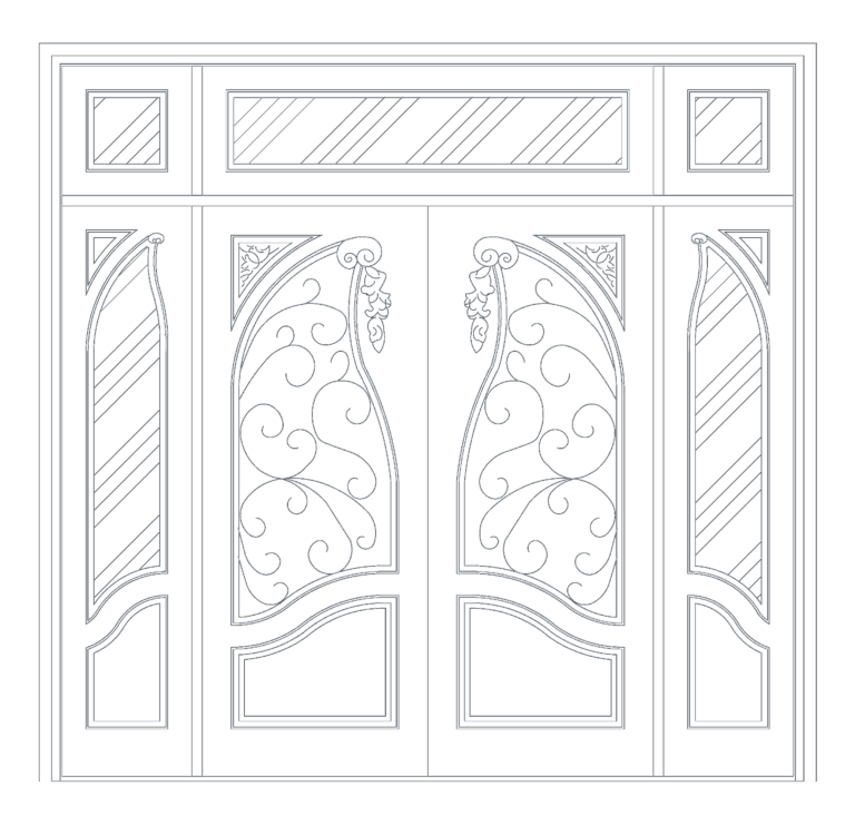 CAD elevation of an art nouveau double door with ornate scrollwork, sidelights with diagonal glazing, and a transom window.
