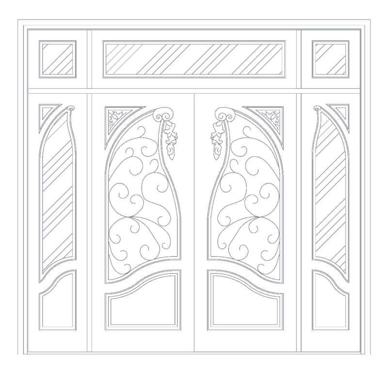 Ornate Art Nouveau Style Double Wooden Door with Sidelights