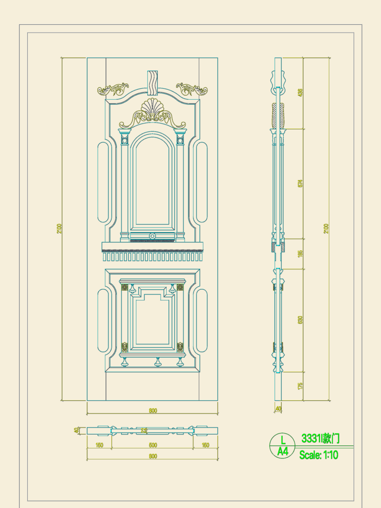 CAD drawing of an ornate carved wooden door showing front elevation, plan, and section views with dimensions.