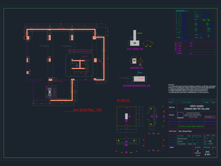 CAD drawing of a structural villa foundation plan and rebar reinforcement sections with Turkish technical notes.