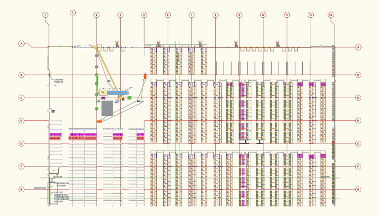 Large industrial warehouse CAD floor plan showing storage racking layout, conveyor systems, and battery charging area.