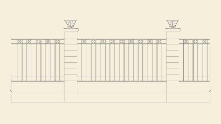 CAD elevation of an ornate boundary fence featuring masonry pillars with light fixtures and decorative metal railings.