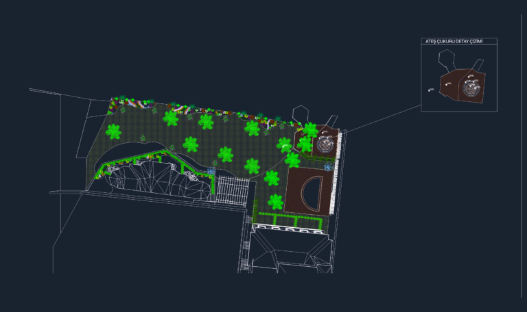 Top-view AutoCAD garden landscape plan showing green tree blocks, wooden decking, fire pit detail, and site levels.