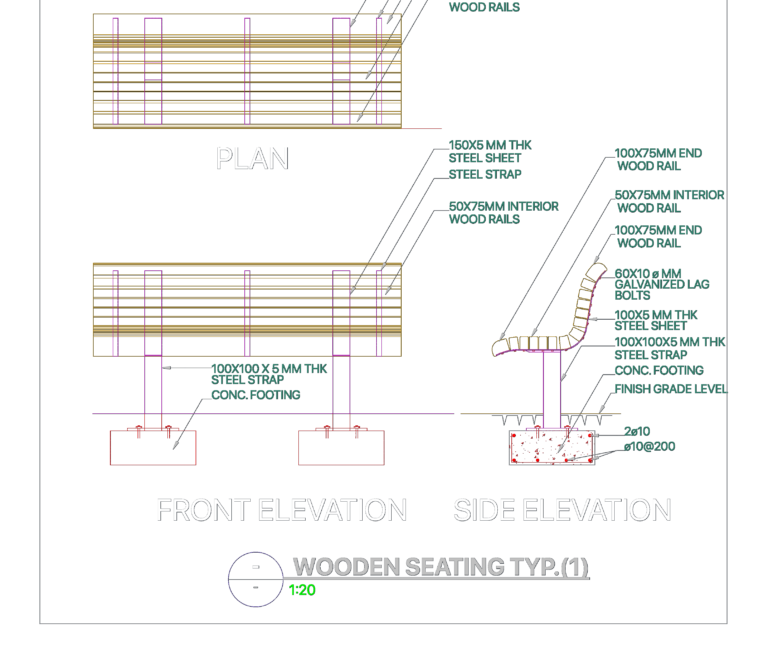 CAD plan, front elevation, and side section of a wooden park bench with concrete footing and steel support straps.