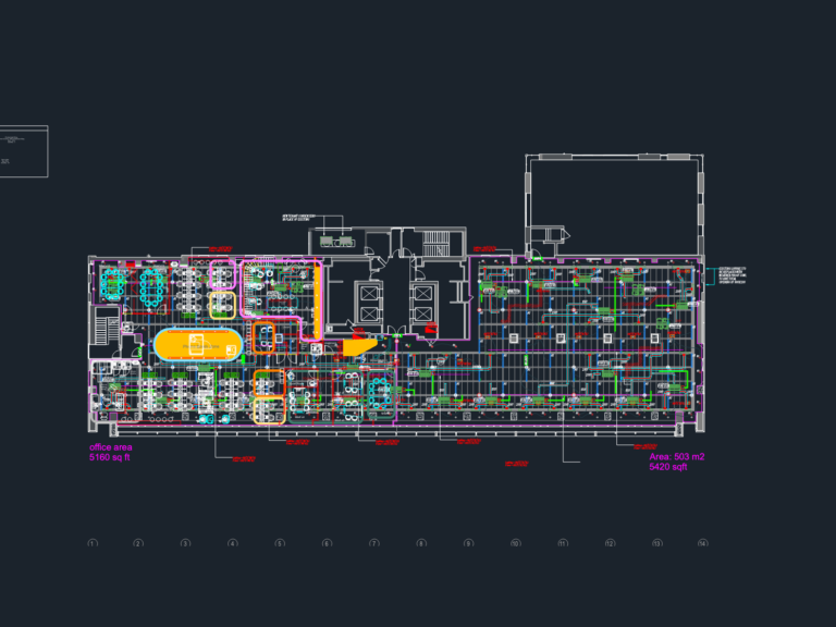 Architectural floor plan for a 500m2 office fitout including workstations, meeting rooms, and lighting layout.