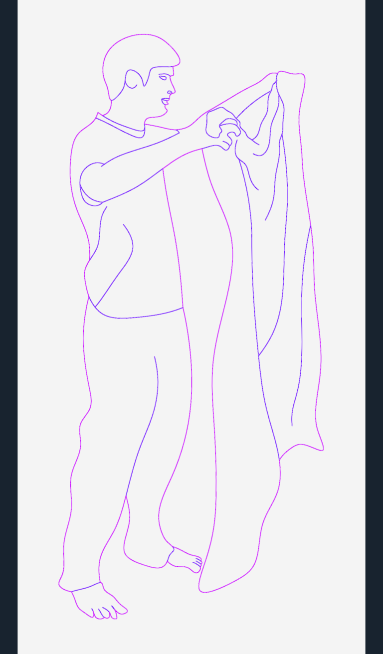 2D outline drawing of a man holding and shaking out a large blanket in side view.