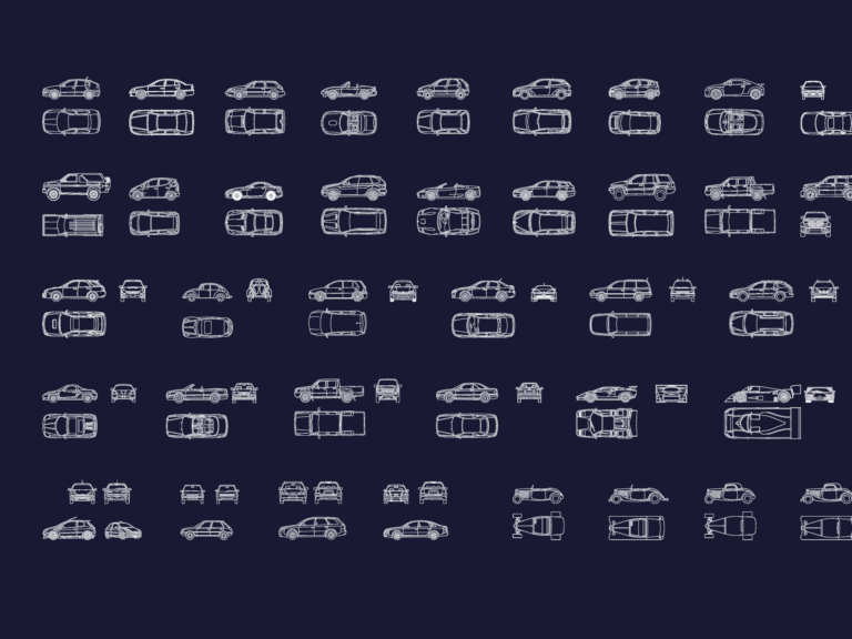 2D plan and elevation blocks for 56 vehicles including hatchbacks, SUVs, pickups, sports cars, and the Peugeot 205.