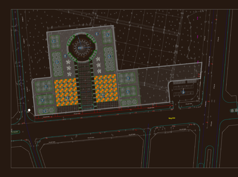 CAD site plan of a public square featuring a circular central plaza, grid paving patterns, and surrounding street layout.