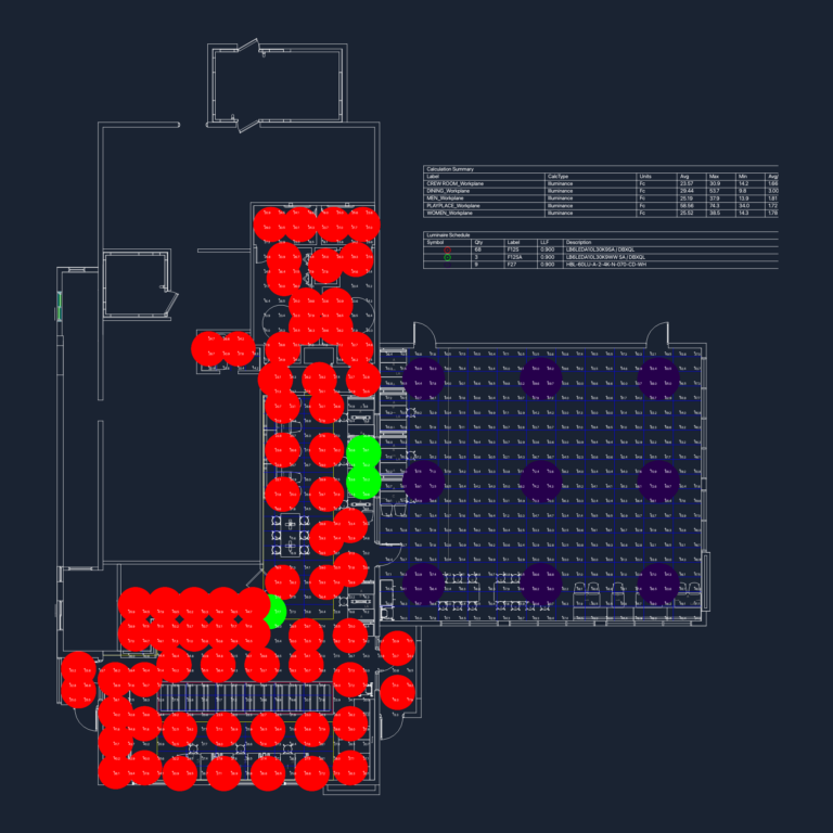 Photometric lighting layout showing footcandle values, luminaire schedule, and calculation summaries for a restaurant plan.