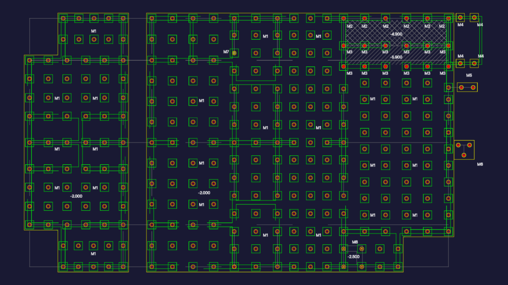 CAD layout of 311 piles and pile caps M1 to M8 for a wastewater treatment system foundation.