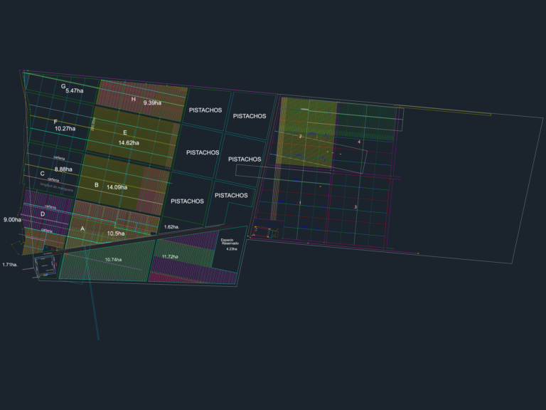 Pistachio farm master plan showing field divisions with hectare labels, irrigation lines, and a pump station layout.