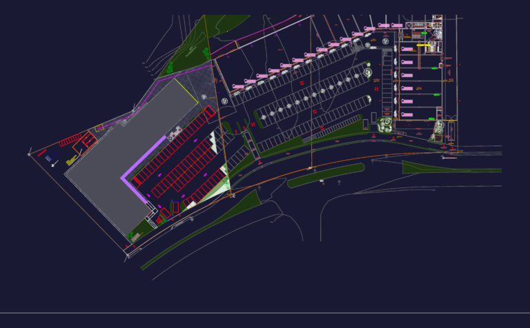 Architectural site plan of a 30-shop retail center with building footprint and parking layout in CAD.
