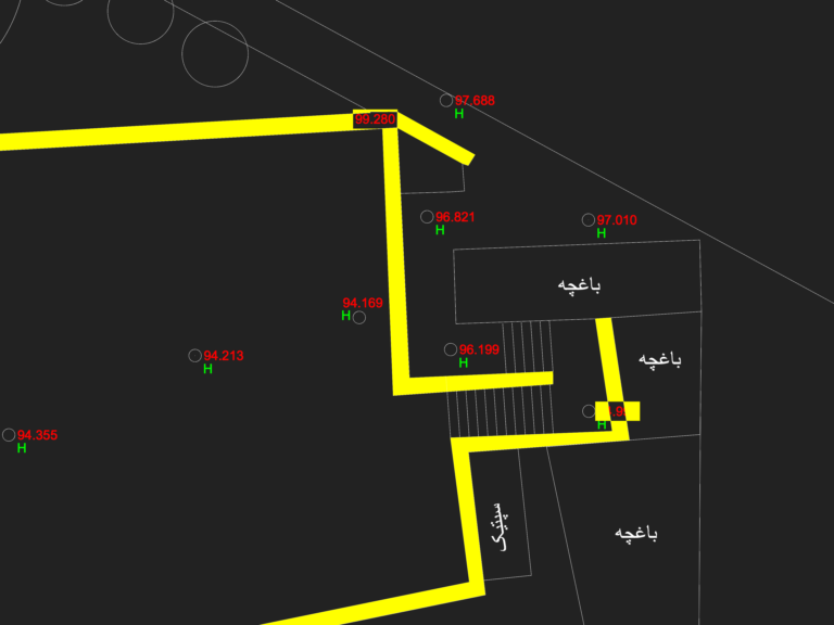Residential site survey plan showing garden layout, septic tank, and elevation level markers with Farsi text.