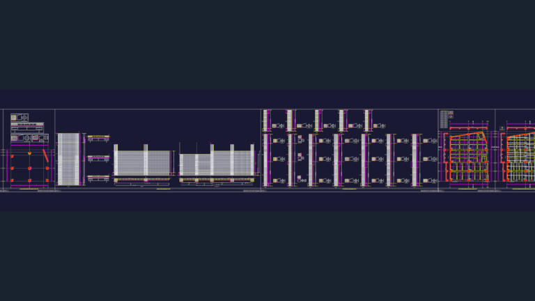 Structural CAD drawings for a concrete shop block showing raft foundations, column details, and reinforcement plans.