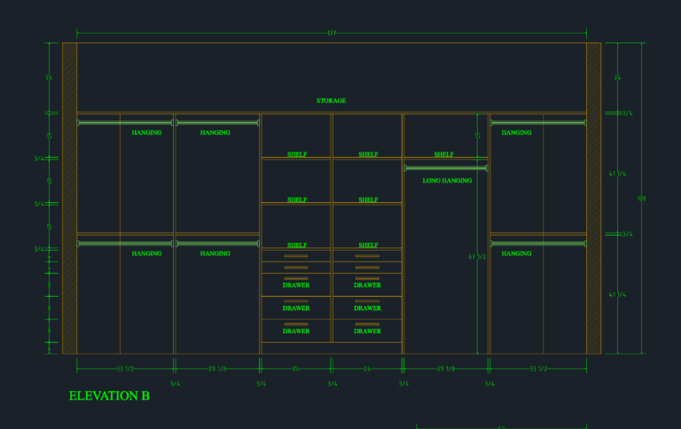 CAD elevation of master closet cabinetry showing dimensions for hanging rods, drawers, shelves, and 9-foot ceiling storage.