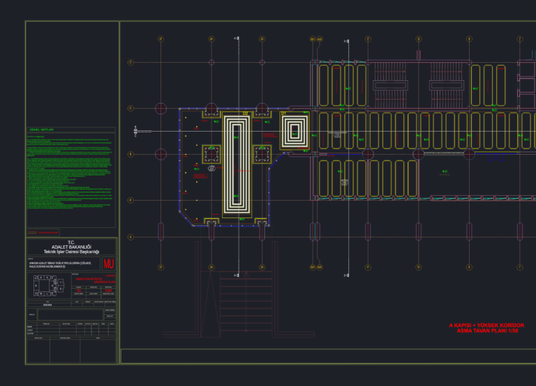 Architectural CAD ceiling plan and floor layout for the Ankara Justice Building entrance renovation.
