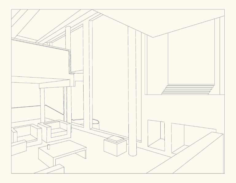 Line drawing of Richard Meier's Smith House interior showing the living area, large glass walls, and central staircase.