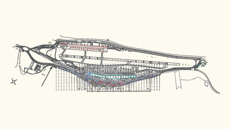 CAD site plan of Aeroparque airport in Buenos Aires showing the terminal layout, parking sectors, and road network.