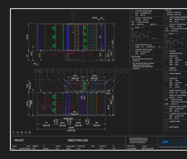 Technical CAD elevation and component schedule for a stacked 40,000 CFM air handling unit.