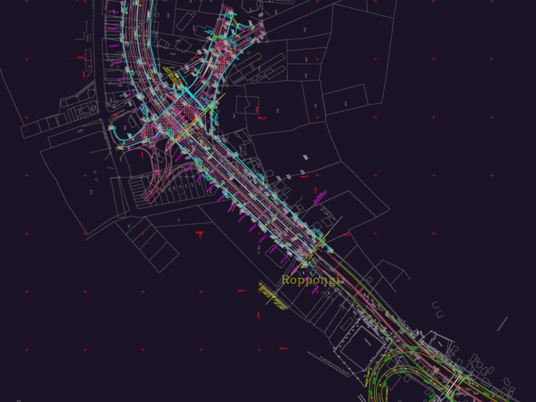 CAD site plan showing utility as-built layouts for telecom and power lines along a road corridor and intersection.