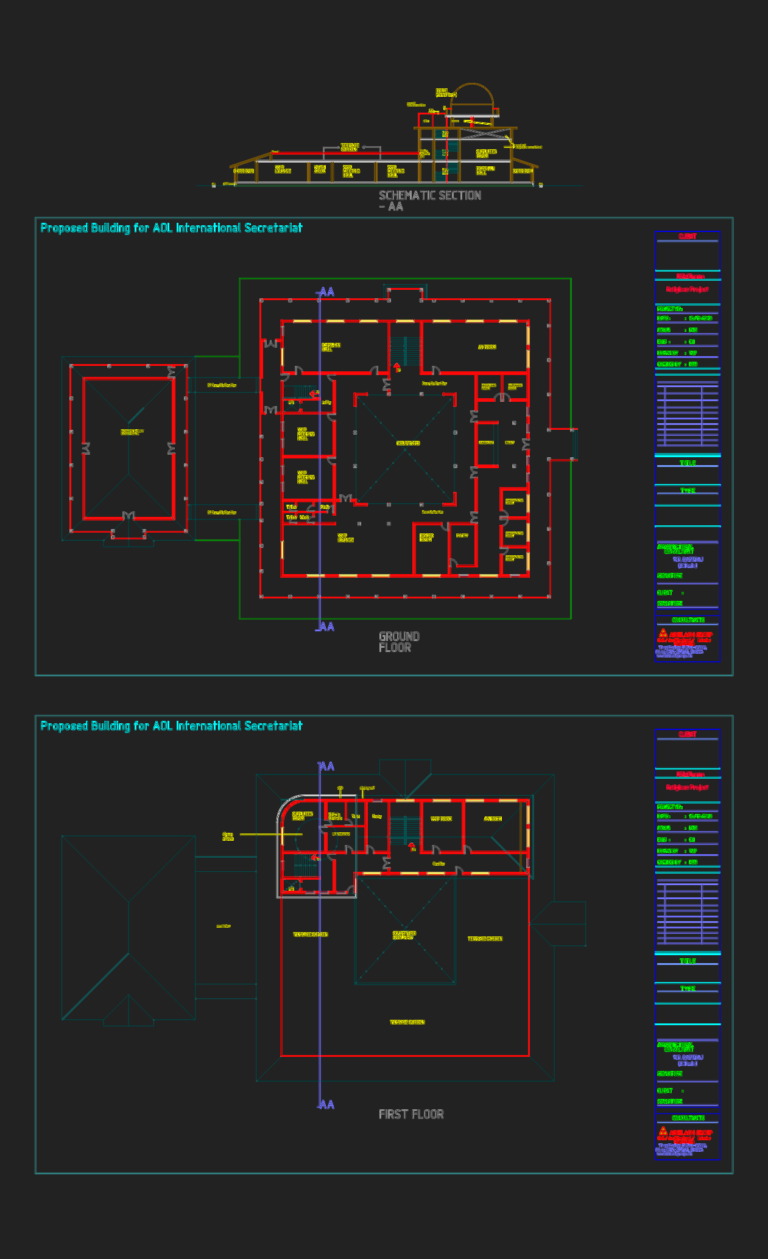 CAD drawings showing the ground floor, first floor, and cross-section of a religious building with a darshan hall and dome.