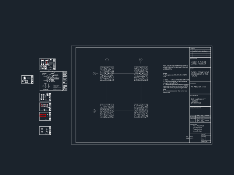 CAD drawing of 2x2 pole mount foundation layout plan, baseplate details, and structural assembly specifications.