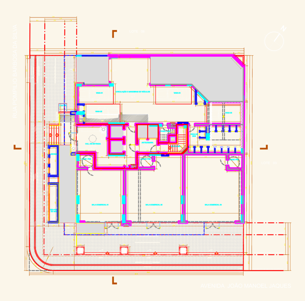 Ground floor CAD architectural plan of a building with retail units, parking spaces, and pedestrian entrance hall.