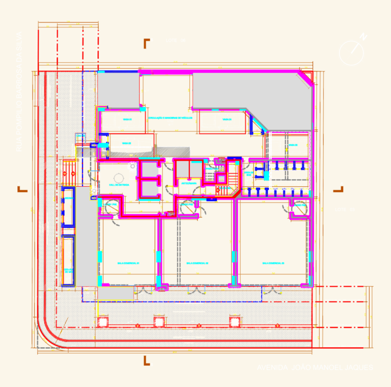 Ground floor CAD architectural plan of a building with retail units, parking spaces, and pedestrian entrance hall.