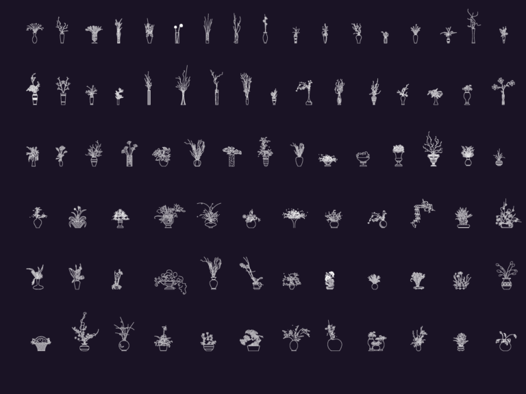 Side elevation silhouettes of 84 different potted plants, flowers, and grasses in various vases and containers.