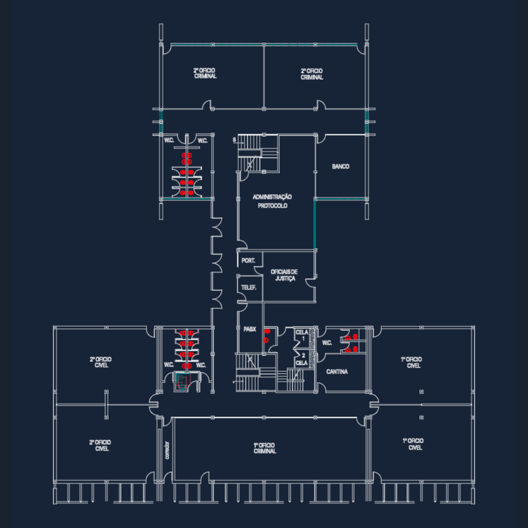Architectural ground floor plan of the Forum da Comarca de Praia Grande courthouse with offices and detention cells.