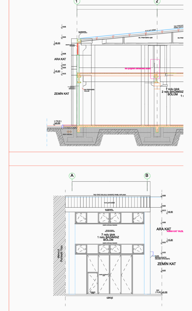 Architectural section and elevation of a prefabricated workshop with sandwich panel cladding and mezzanine floor levels.