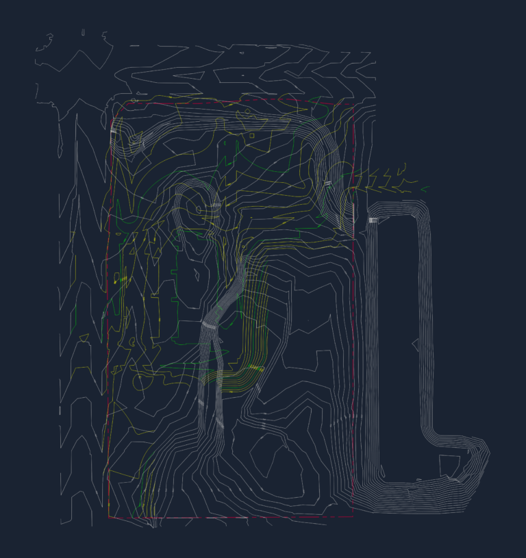 Site plan drawing showing topographic contour lines and color-coded utility layouts for storm, sewer, and water.