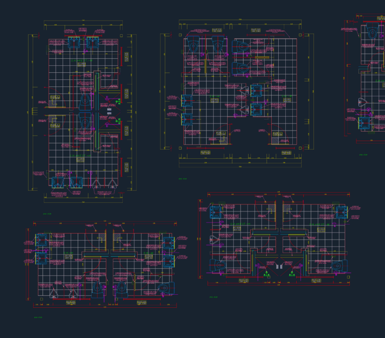 CAD floor plans of public restrooms and locker rooms featuring toilet stalls, urinals, showers, and sinks.