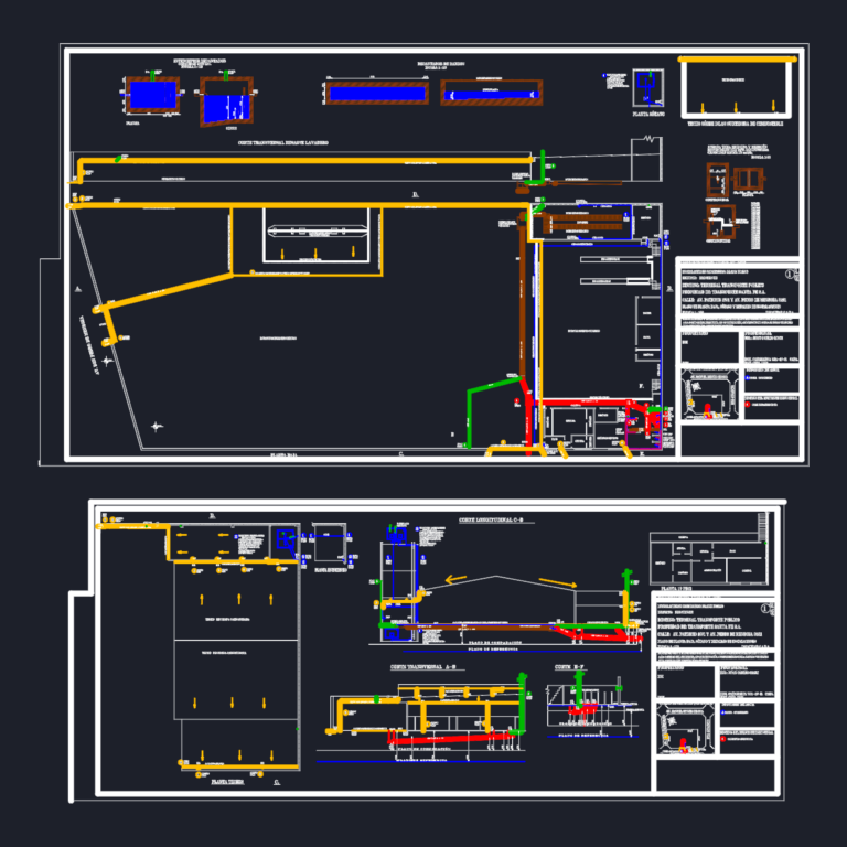 MEP CAD drawings showing floor plans and sections of a bus terminal's sanitary and drainage system with color-coded piping.