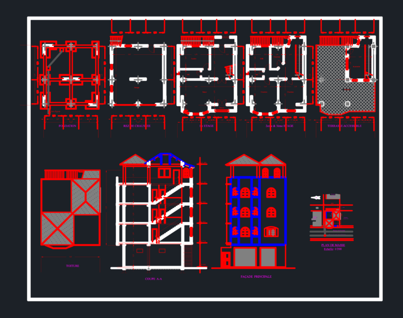 R+3 Residential House Architecture Plans and Elevations